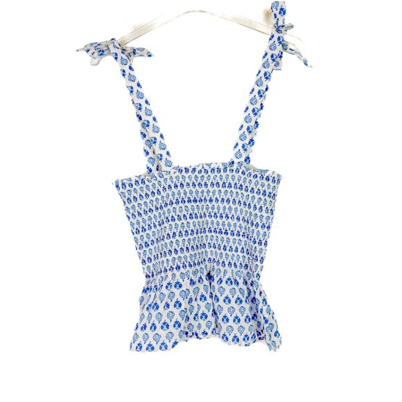 J. Crew Factory Smocked Tie-Shoulder Tank Top White Blue Size XS EUC - Picture 7 of 9